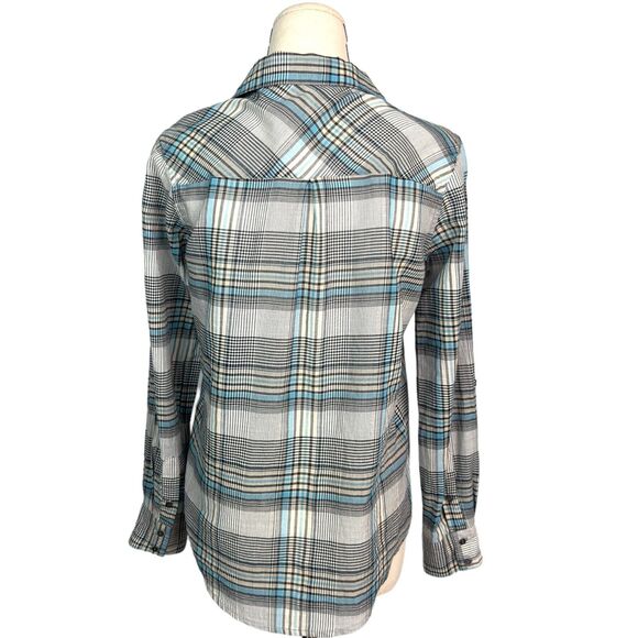 Joie Blouse Womens Size XXS Gray Button-Up Grey Turquoise Plaid V Neck - Picture 3 of 12